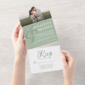 Elegante saliegroene overlay foto monogram bruilof all in one uitnodiging (Afscheurbaar)