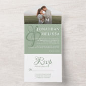 Elegante saliegroene overlay foto monogram bruilof all in one uitnodiging (Binnen)
