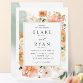 Elegante saliegroene, perzik botanische bruiloft kaart