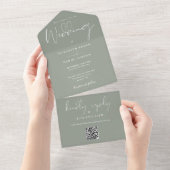 Elegante Saliegroene QR-code Monogram Bruiloft All In One Uitnodiging (Afscheurbaar)