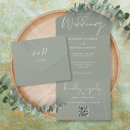 Elegante Saliegroene QR-code Monogram Bruiloft All In One Uitnodiging