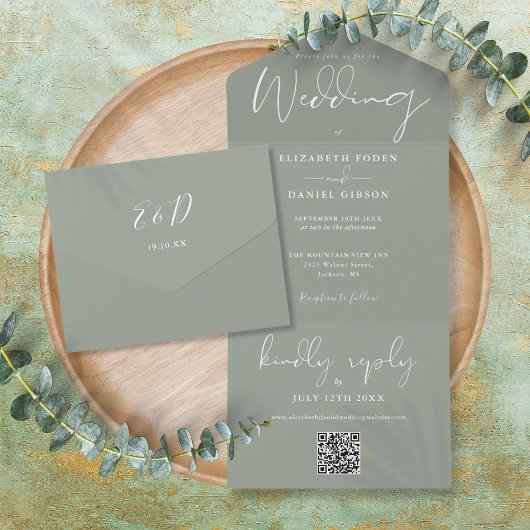 Elegante Saliegroene QR-code Monogram Bruiloft All In One Uitnodiging