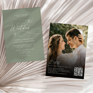Elegante Saliegroene QR Code Rsvp Foto Bruiloft Kaart