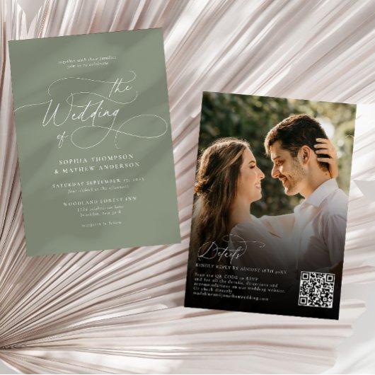 Elegante Saliegroene QR Code Rsvp Foto Bruiloft Kaart