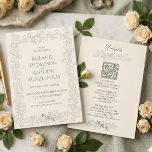 Elegante Saliegroene QR Code RSVP Vintage Trouwen Kaart