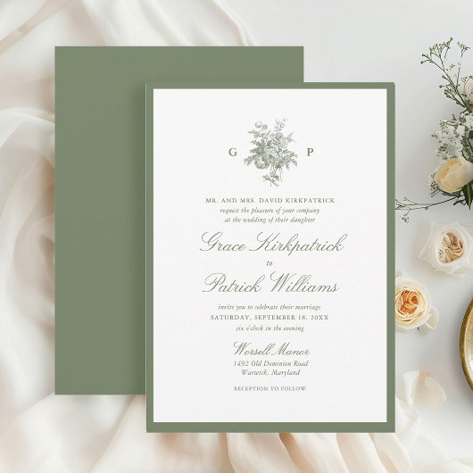 Elegante saliegroene rand monogram bruiloft kaart