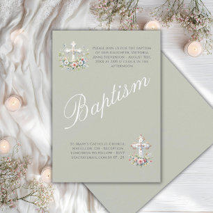 Elegante saliegroene religieuze babydoop kaart