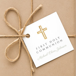 Elegante saliegroene religieuze jongen eerste comm bedankjes labels