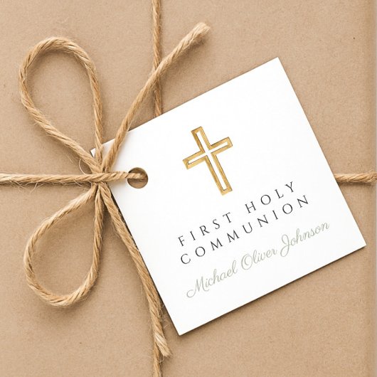 Elegante saliegroene religieuze jongen eerste comm bedankjes labels