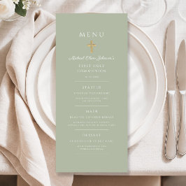 Elegante saliegroene religieuze kruis eerste commu menu