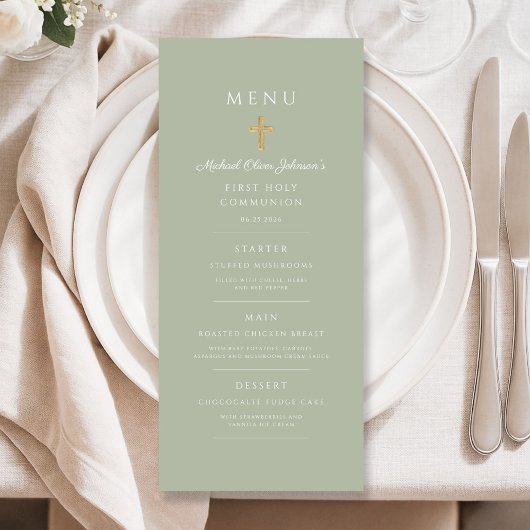 Elegante saliegroene religieuze kruis eerste commu menu