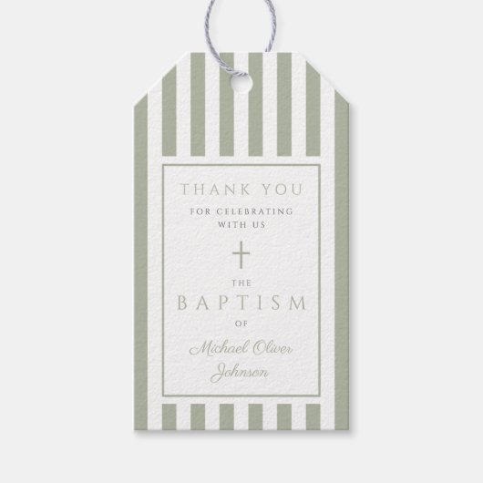 Elegante saliegroene religieuze kruisdoop cadeaulabel (Voorkant)
