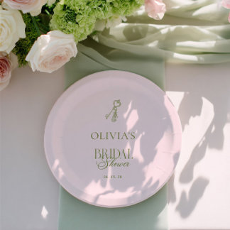 Elegante saliegroene & roze bruiloftsborrel papieren bordje