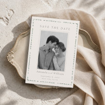 Elegante saliegroene Save the Date kaart met foto
