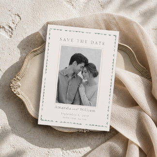 Elegante saliegroene Save the Date kaart met foto