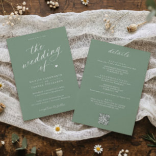 Elegante Saliegroene Script All-in-One Trouwset Kaart