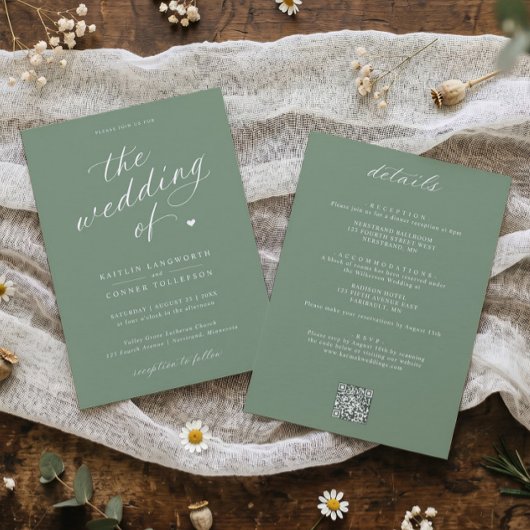 Elegante Saliegroene Script All-in-One Trouwset Kaart