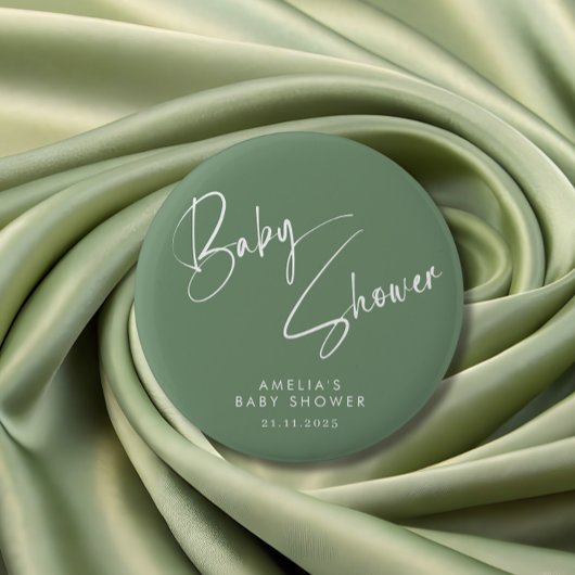 Elegante saliegroene script baby shower modern ronde button 5,7 cm
