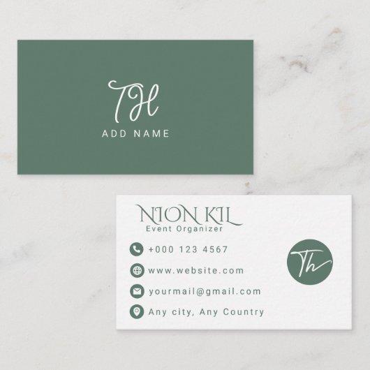 Elegante Saliegroene Script Evenementenplanner Visitekaartje (Voorkant / Achterkant)