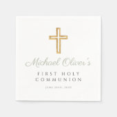 Elegante saliegroene script kruis eerste communie servet (Voorkant)