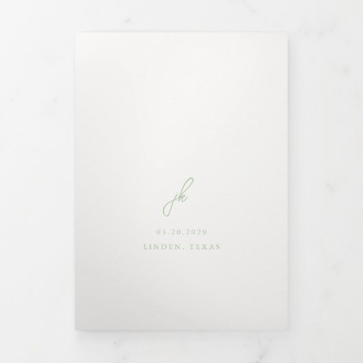 Elegante saliegroene script monogram bruiloft drieluik uitnodiging (Cover)