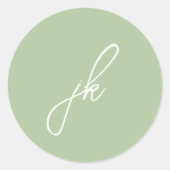 Elegante saliegroene script monogram bruiloft ronde sticker (Voorkant)