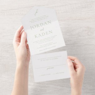 Elegante Saliegroene Script Monogram Huwelijk All In One Uitnodiging