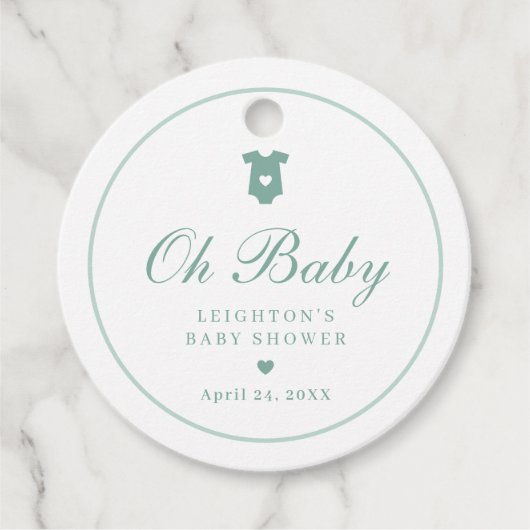 Elegante saliegroene script Oh Baby Shower Bedankjes Labels (Voorkant)