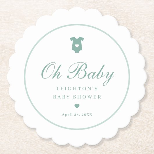 Elegante saliegroene script Oh Baby Shower  Kartonnen Onderzetters (Voorkant)