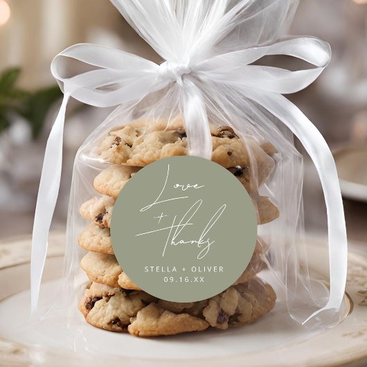 Elegante Saliegroene Scriptie Liefde + Dank Trouwd Ronde Sticker