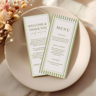 Elegante saliegroene streep menu- en bedankkaart menu