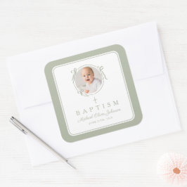 Elegante saliegroene strik jongensfoto doop vierkante sticker