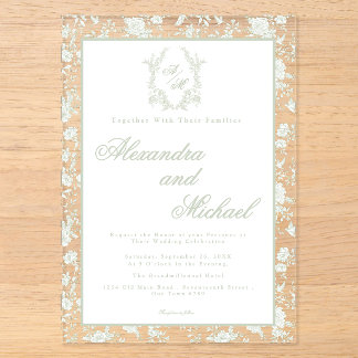 Elegante Saliegroene Toile Bloemige Monogram Acryl Uitnodigingen