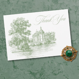 Elegante saliegroene toile Franse landhuis bruilof Bedankkaart