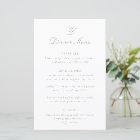 Elegante saliegroene traditionele trouwmenu (Staand voorkant)