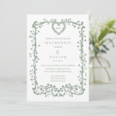 Elegante Saliegroene Trouw Franse Frame Hart Kaart (Staand voorkant)