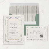 Elegante saliegroene trouw-RSVP kaart met QR-code