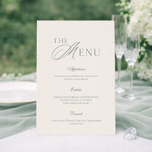 Elegante Saliegroene Trouwmenu Kaart