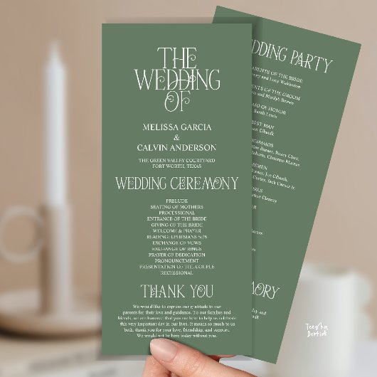 Elegante saliegroene typografie huwelijksprogramma programmakaart