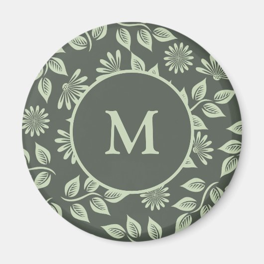 Elegante saliegroene vintage bloemmonogram magneet (Voorkant)