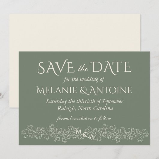 Elegante saliegroene vintage bruiloft save the date (Voorkant / Achterkant)
