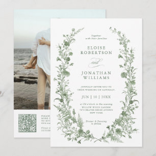 Elegante Saliegroene Vintage Foto QR Code Trouwen Kaart