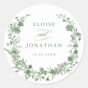 Elegante saliegroene vintage huwelijksenvelopzegel ronde sticker
