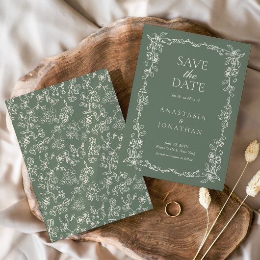 Elegante saliegroene vintage trouwkaart save the date