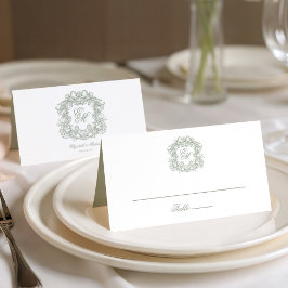 Elegante Saliegroene Vintage Wapen Huwelijk Plaatskaartje