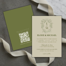 Elegante Saliegroene Wapen Monogram Huwelijk Kaart