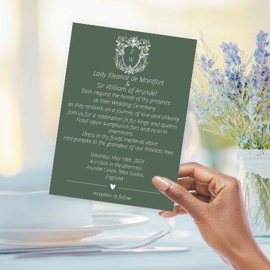 Elegante Saliegroene Wapen Monogram Huwelijks Kaart