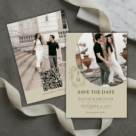 Elegante saliegroene wapen monogram save the date kaart