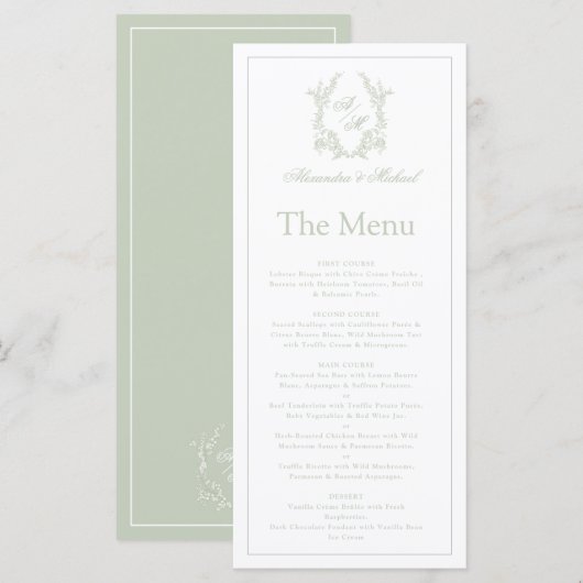Elegante saliegroene wapenschild monogram bruiloft menu (Voorkant / Achterkant)