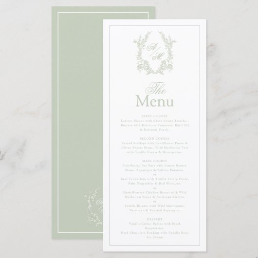Elegante saliegroene wapenschild monogram bruiloft menu (Voorkant / Achterkant)